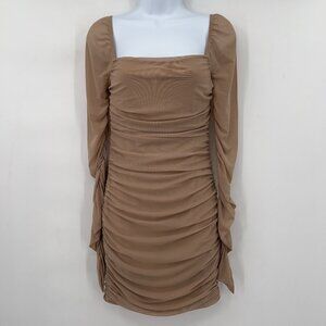 Princess Polly Cocktail Ruched Mesh Bodycon Mini Dress Nude Tan Long Sleeve 8